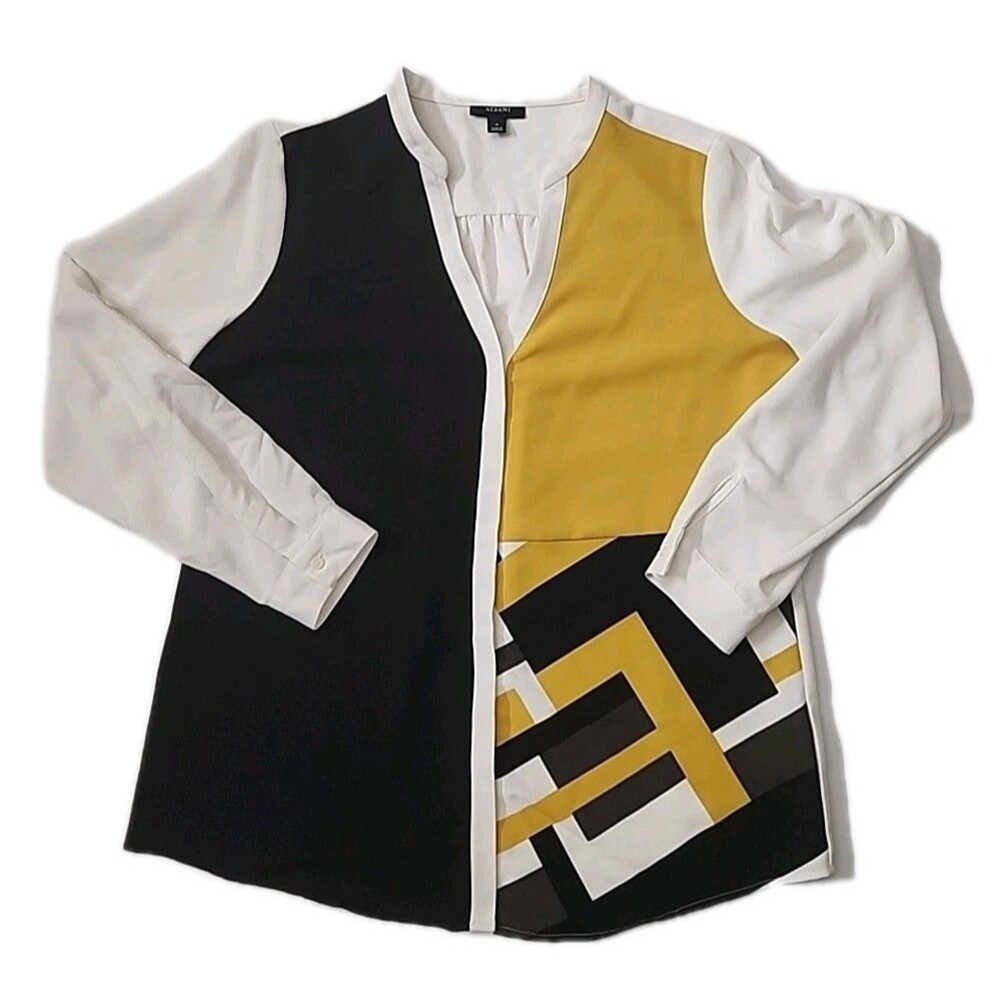 Alfani Women's Medium Button Up Career Shirt Top  Black & Geometric Print NWT